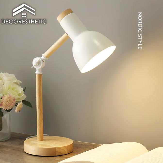 Lampu Meja Belajar Kerja Arsitek Kayu Wood Nordic Minimalis Warm White