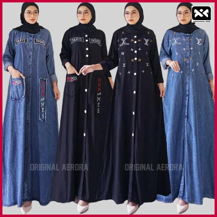 Bestseler Baju Gamis Dress Jeans Jins Denim Wanita Terbaru 2023 Muslim Kondangan Busui Bordir Kantong Depan Kekinian Premium Ld 112 P 140 Diana Maxy Allsize | Asli