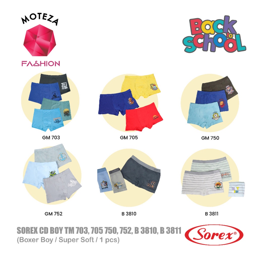 Sorex Celana Dalam Anak Laki Kids Boy - TM 703 ; 705 ; 750 ; 752 ;  B 3810 ; B 3811 - Boxer Super Soft