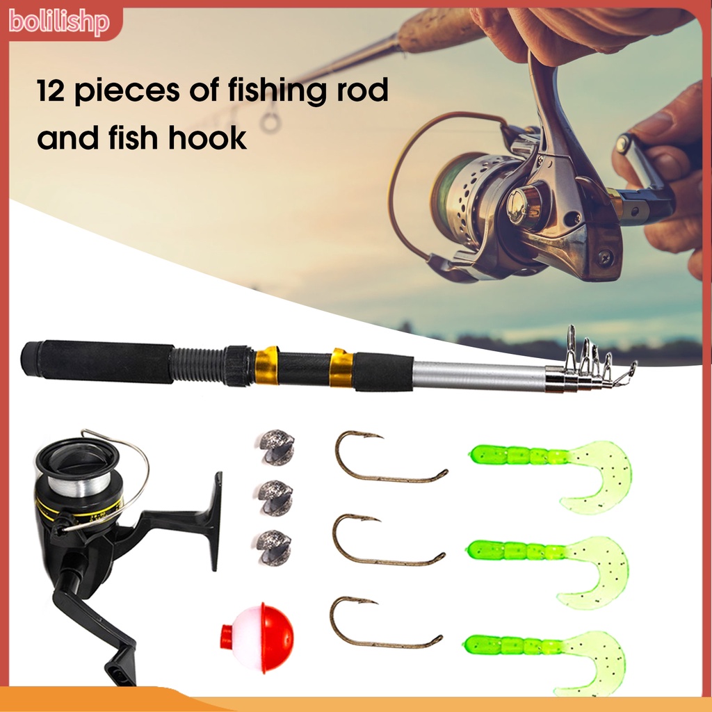 [Bolilishp] 12pcs/set Alat Pancing Tahan Aus Lengkap Compact Portable Pancing Umpan Spincast Reel Combo Fishing Tackle