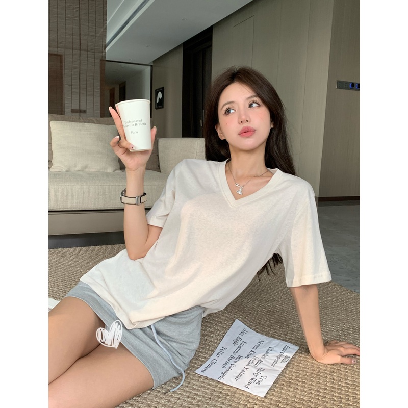 Red Versi Korea rasa Hong Kong V-neck lengan pendek T-shirt wanita musim panas baru malas longgar pelangsing sederhana warna solid all-match rajutan top