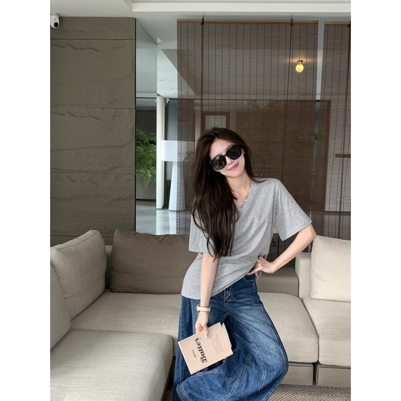 Red Versi Korea rasa Hong Kong V-neck lengan pendek T-shirt wanita musim panas baru malas longgar pelangsing sederhana warna solid all-match rajutan top