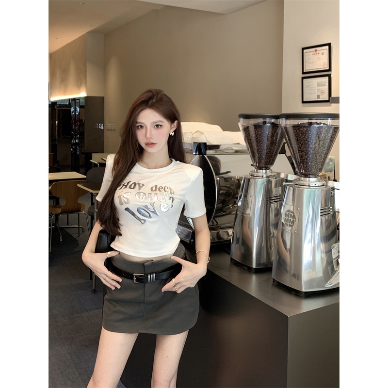 Red Putih tiga dimensi surat lengan pendek t-shirt perempuan musim panas manis hot gadis pusar kecil rasa desain ceruk top pendek