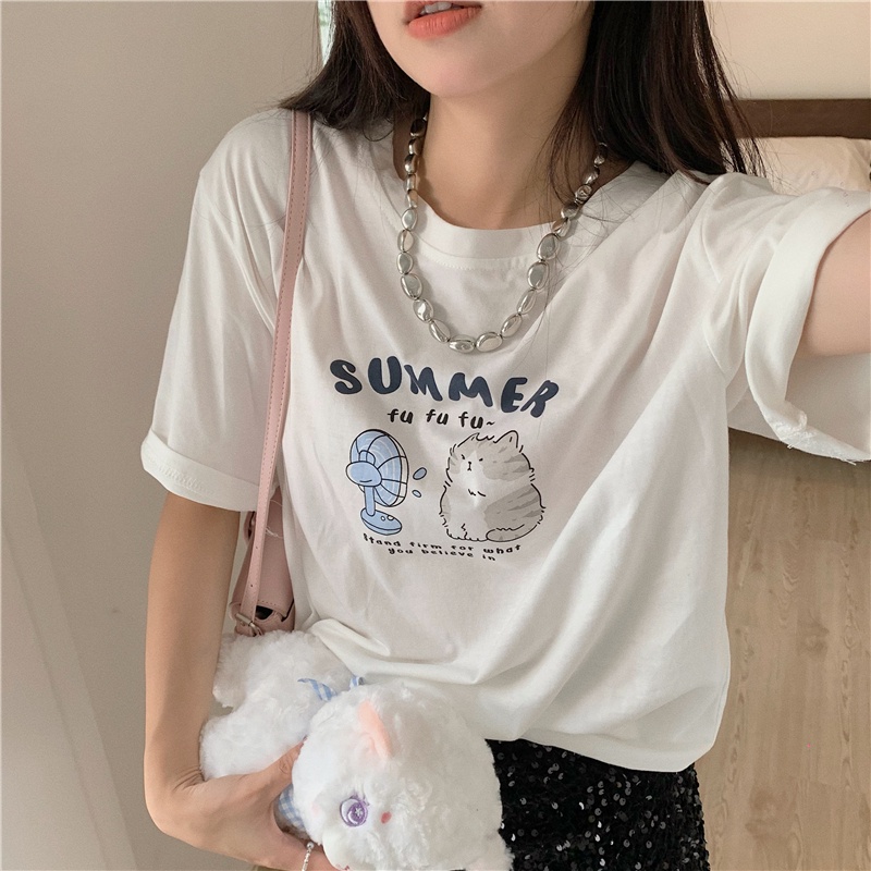 Red Hong Kong style American letter printing lengan pendek t-shirt wanita musim panas leher bulat baru slim casual style white loose top