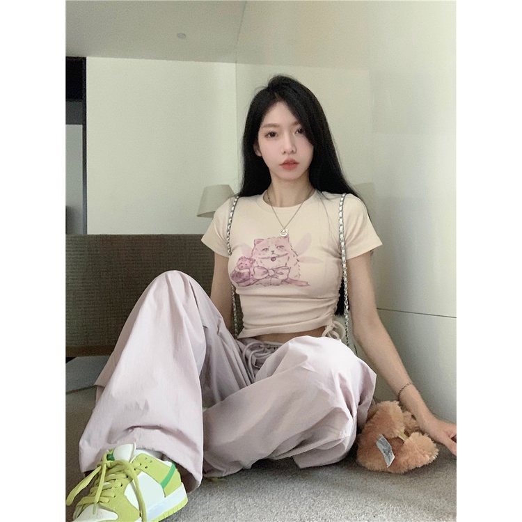 Red Hong Kong gaya kucing cetak serut lengan pendek T-shirt wanita musim panas kasual all-match perkakas pinggang tinggi celana lebar dua potong set