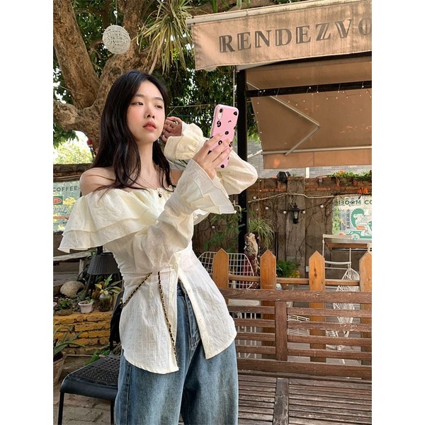 Red Murni dan harum daun teratai tepi pinggang kemeja sifon musim panas wanita dua pakaian satu bahu Korea fashion temperamen kemeja top