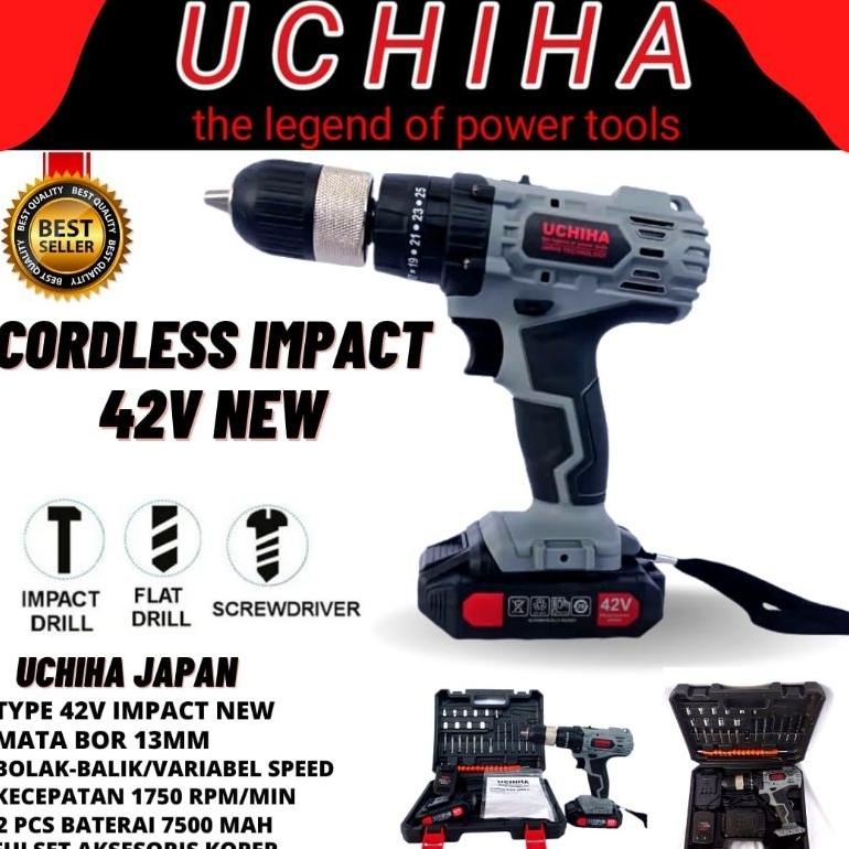 BOR BATERAI TANPA KABEL IMPAK IMPACT CORDLESS UCHIHA 42VOL 13MM DRIL BETON BESI KAYU MESIN UCIHA TER