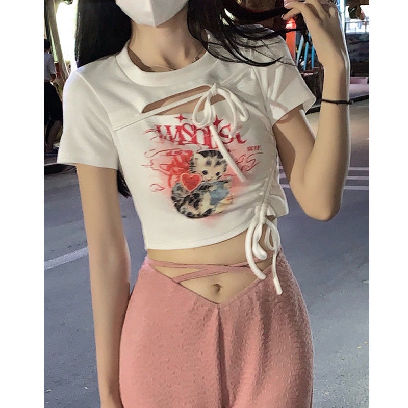 Red Gambar Solusi WAHJUIS Meow Meow Gas Desain Lengan Pendek T-shirt Wanita Musim Panas Serut Berongga Pendek Pusar Atas