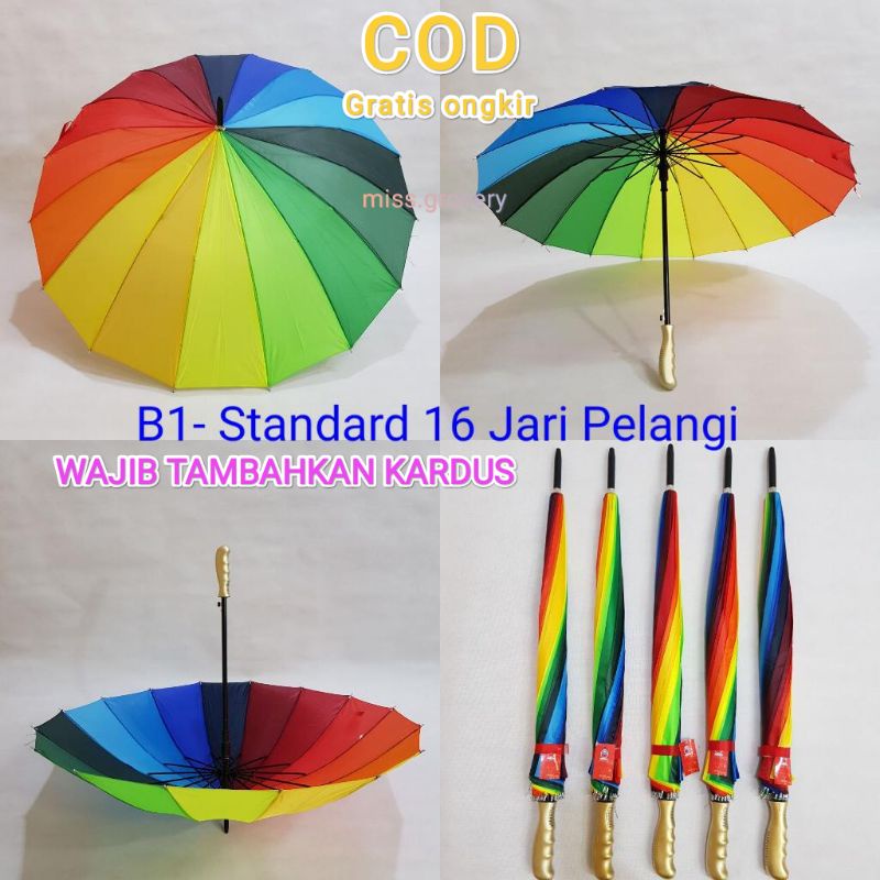 Payung Standart Tanggung Satin 16 Jari Pelangi Warna-Warni Gagang Bengkok Kuat Kokoh Murah Grosir/Payung Standar Rainbow  Saten