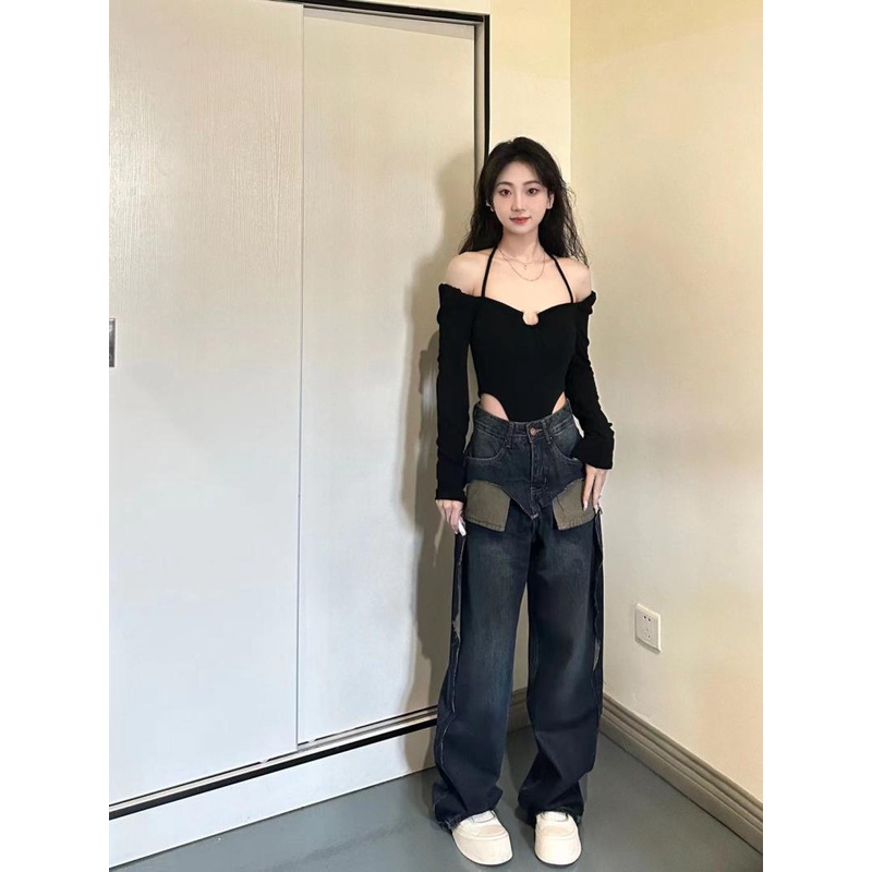 Red Keinginan murni hot girl style U-shape strap black slim body jumpsuit 2023 gaya musim semi dan musim gugur Atasan desain gaya Hong Kong