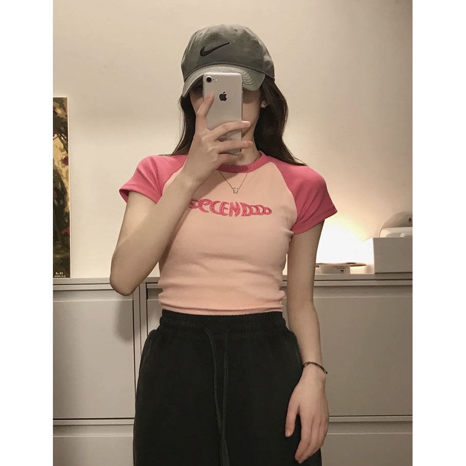 Red Retro hot girl bm style short summer top hit color letter bordir slim short sleeve shoulder pink t-shirt female ins