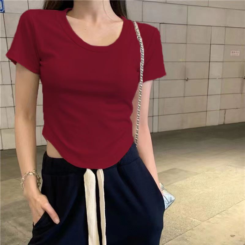 Katun Murni Leher Bulat Lengan Pendek T-shirt Wanita Musim Panas Baru Gadis Panas Versi Korea Budidaya Diri Bagian Pendek Tidak Teratur In Red Top Pasang