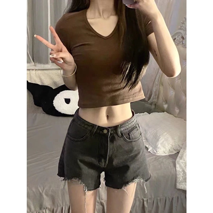 Red Rasa desain niche American retro depan bahu V-neck lengan pendek T-shirt wanita musim panas in pasang hot gadis pendek slim top trendi