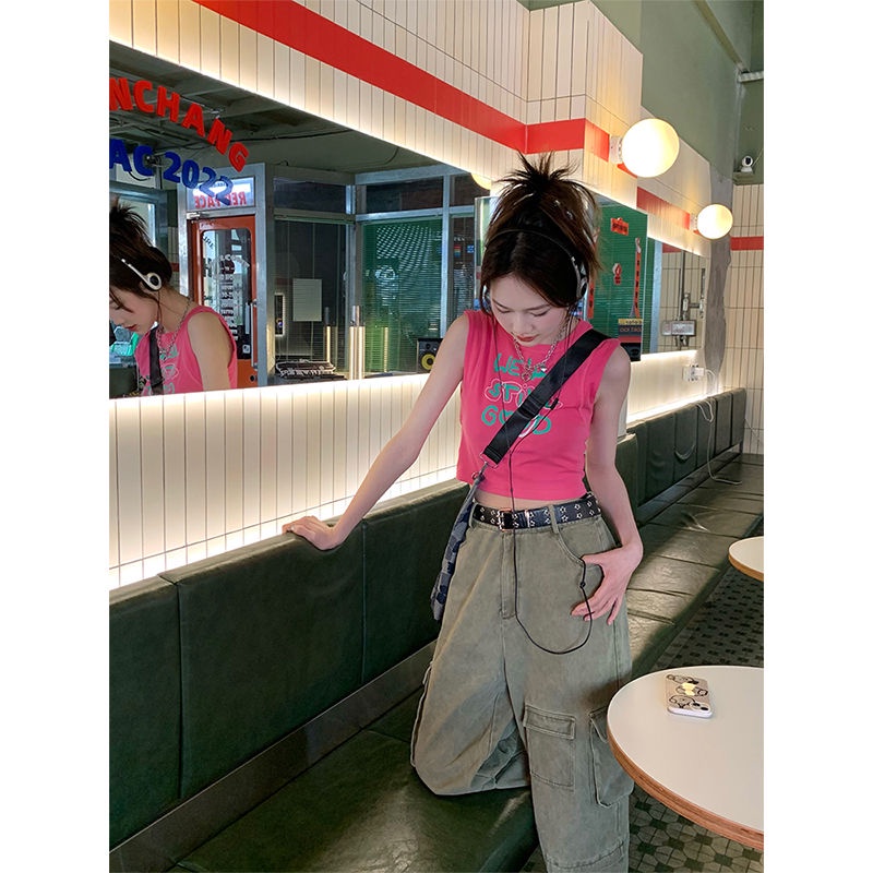 Red High Street Rose Pink Kecil Rompi Wanita Gadis Panas Fashion Pelangsing Kapas Tanpa Lengan Pendek Atasan Musim Panas Gaya Baru