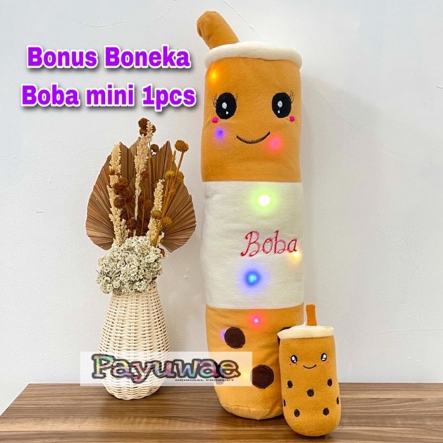Guling Boneka Boba Milk Tea Lampu LED Nyala Bonus 1pcs Boba Mini Kain Halus Tinggi 60cm Terbaru ‑ KE