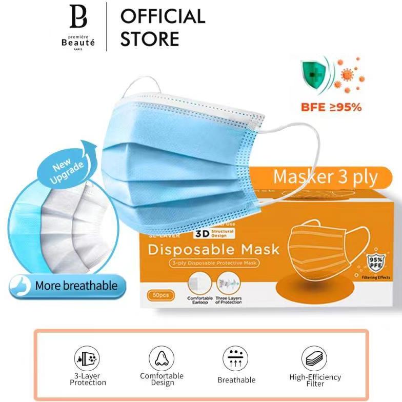 New Premiere Beaute Masker Earloop 50Pcs 3 Ply Disposable Masker 1 Kotak Bfe Bnpb Kesehatan Face Mas