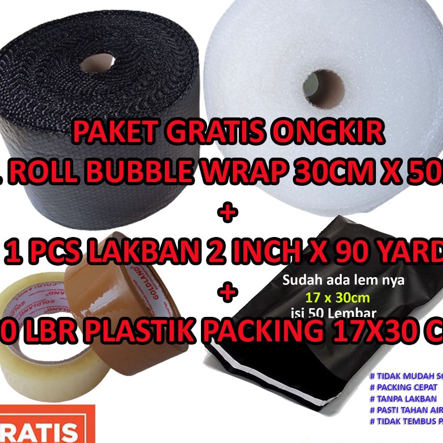 

12.12 Brand 1 roll bubble wrap 50M x 30cm + Lakban 2 inch x 90 Yard + 50 Pcs Plastik Packing dengan Lem gas !!