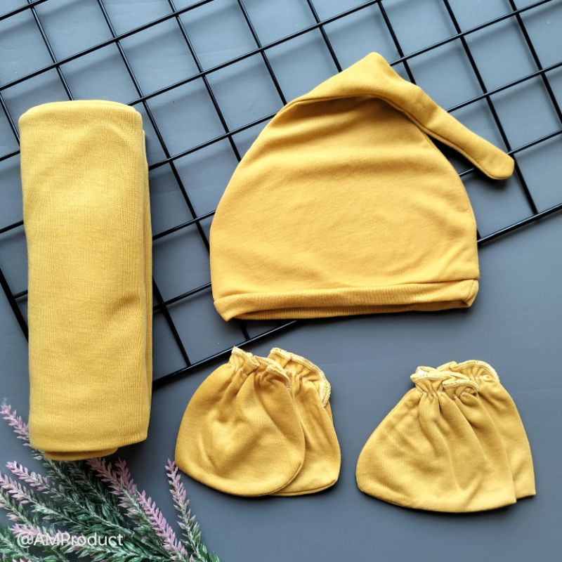 4in1 set bedong topi sarung tangan kaki bayi polos