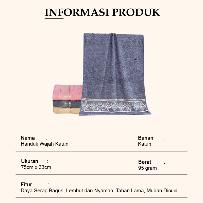 Handuk Muka Lembut Ukuran 75cm x 33cm Handuk Wajah Motif Import Premium Bahan Katun Super Lembut Berdaya Serap Tinggi - J3C1