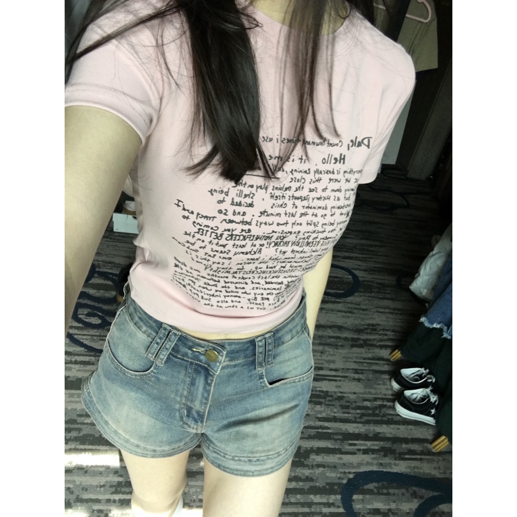 Red American retro hot gadis bahu depan lengan pendek t-shirt perempuan budidaya diri pelangsing musim panas gaya perguruan tinggi Korea pendek top bm gaya