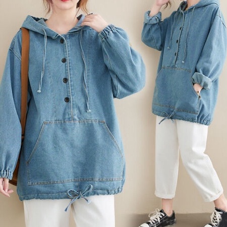 (♥C6369]  JAKET HOODIE JEANS WANITA - DORA JEANS LOOSE PULLOVER | OUTER JEANS REMAJA DEWASA TERBARU