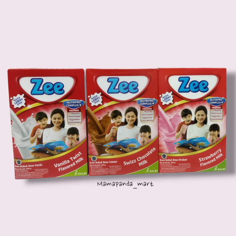 

Susu bubuk zee reguler swizz chocolate/ zee reguler vanilla/ zee reguler strawberry 350g