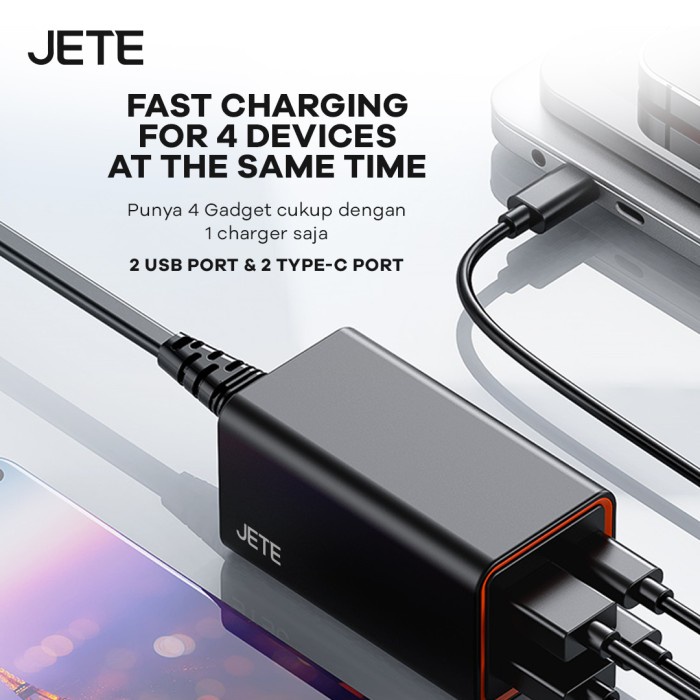 Terlaris Jete E6 Adaptor Gan Charger 65Watt Fast Charging 4 Port 2 Usb 2 Typec
