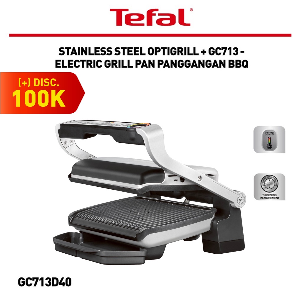 Tefal Stainless Steel OptiGrill + GC713 - Electric Grill Pan Panggangan BBQ