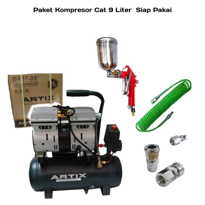 PAKET BENGKEL CAT KOMPRESOR ANGIN LISTRIK OILLES ARTIX 9L SIAP PAKAI BARU