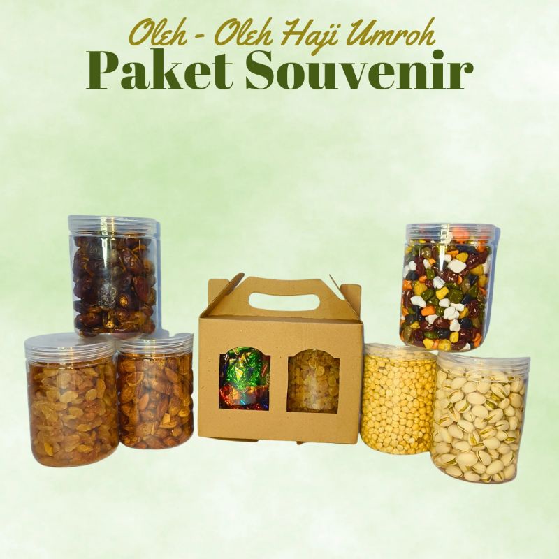 

Paket oleh oleh/souvenir makanan box haji umroh 2pcs toples lengkap komplit kacang fustuk, kurma khalas, kacang arab, kismis simin/sukan, coklat krikil, coklat turki