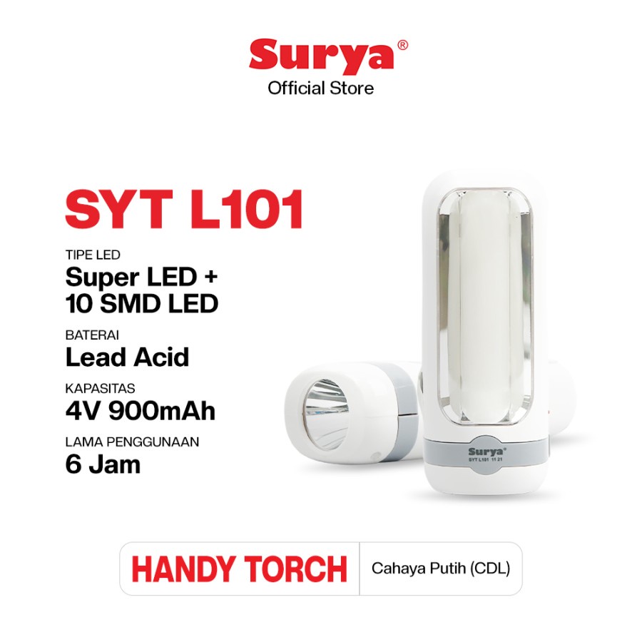 Surya Lampu L101 Emergency + Senter LED 1W Super Terang LED 10 SMD Rechargeable FREE kabel charge