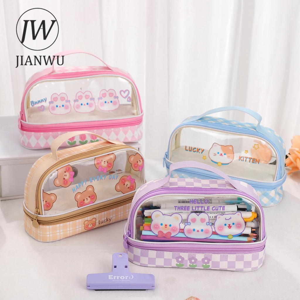 

JIANWU Cute Cartoon Large Capacity Double Layer Pencil Case Transparent Portable Stationery Storage Pencil Bags School Supplies