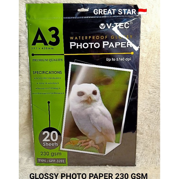 

[KODE PRODUK HIHBV7145] GLOSSY PHOTO PAPER 230 GSM A3/20 LEMBAR V-TEC WATER PROFF