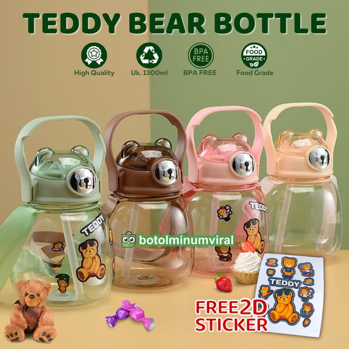Botol Minum Viral 1,3 Liter Stiker Gemoy Bear Bening Tali Sedotan Tas