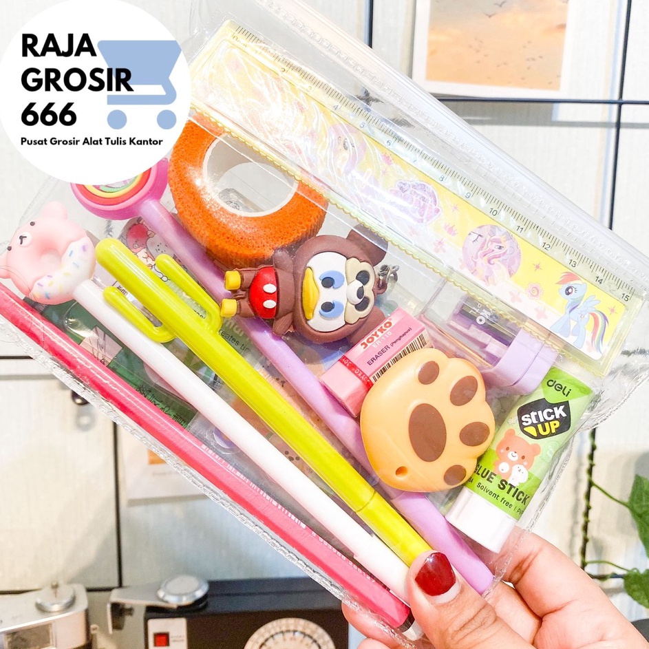 

[KODE PRODUK H0VSC5092] Pouch Set alat tulis sticker pensil gantungan kunci pulpen pena pensil penggaris sekolah sticky notes penjepit sticker cutter mini finger protector