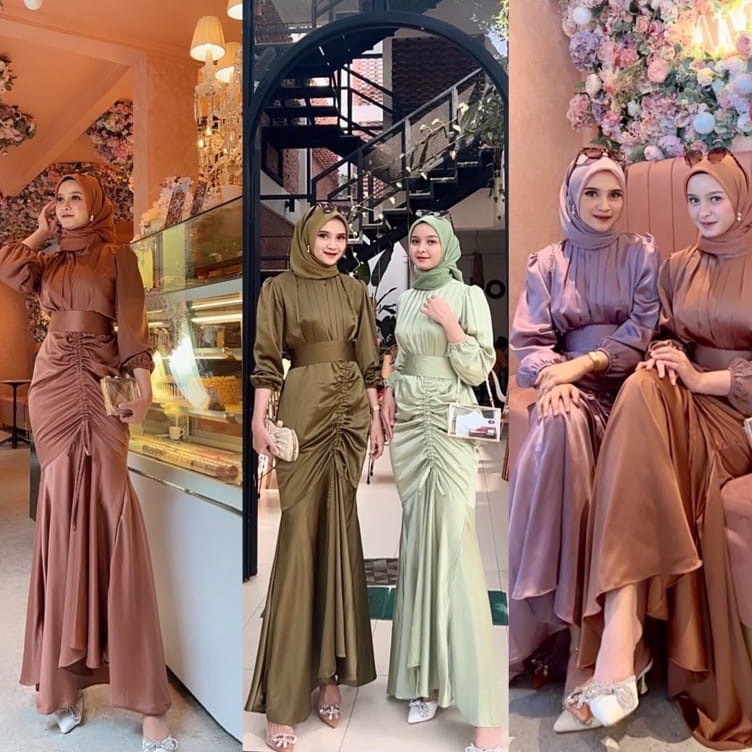Jual Dress serut satin remaja wanita casual hangout ootd style kondangan fashion muslim bahan satin 