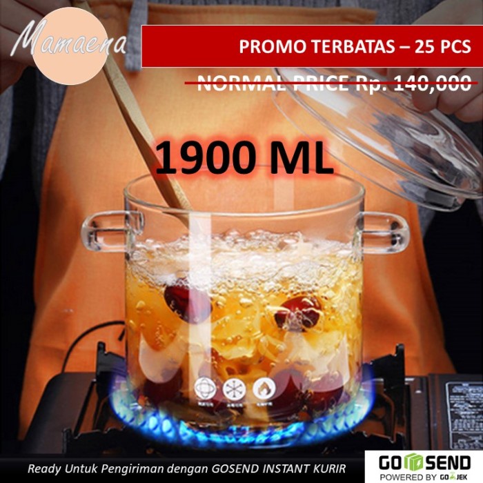 Terlaris Panci Kaca / Glass Pot / Tahan Panas / Cooking Pot Borosilicate 1900Ml