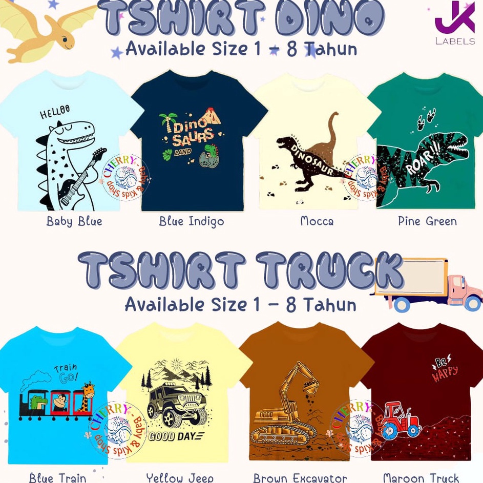 ORIGINAL% Tshirt 1-8 Tahun Kazel x JK Label Motif Dino Jeep Excavator Tshirt Anak Kaos Anak Lucu Ade