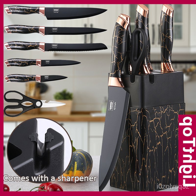 &7-piece Wooden Handle Kitchen Knife Set Kitchen Scissors Sharpener Stainless Steel Japanese Knife B