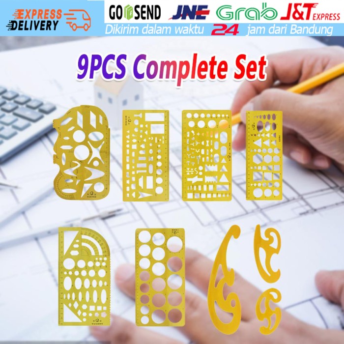 Terlaris 9Buah/Set Penggaris Template Utk Mal Furniture Interior Arsitek Kuning