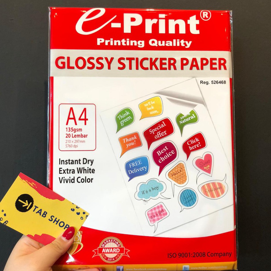 

Diskon TAB SHOP - EPRINT KERTAS STIKER MENGKILAP A4 135 GSM - E-PRINT GLOSSY STICKER PHOTO PAPER A4 135 GSM 20 SHEETS
