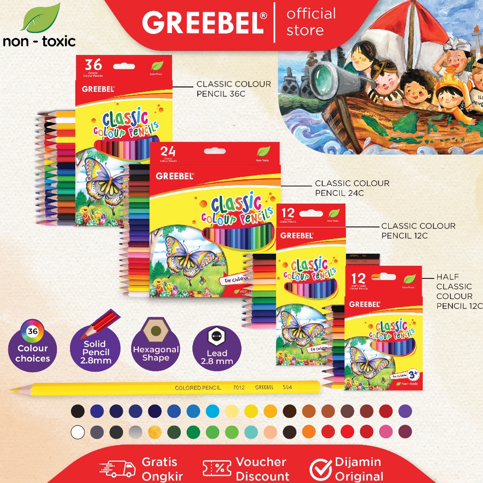

Miliki Juga GREEBEL Pensil Warna anak CLASSIC COLOR PENCIL / Coloring Pencils cerah tdk berdebu aman non toxic 36