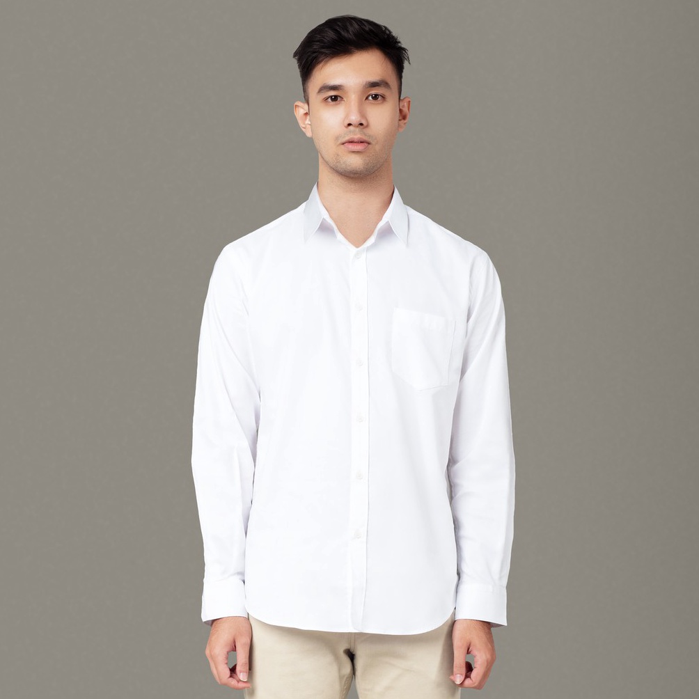 ↙ Benhill Kemeja Pria Basic  Polos  Lengan Panjang  Katun Poplin Putih 09-16133 っ