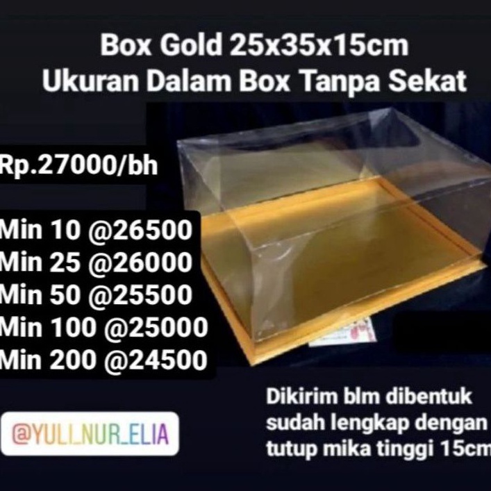 

Produk Premium.. Box Gold 25x35x15cm inci tutup Mika Tinggi 15cm FNP
