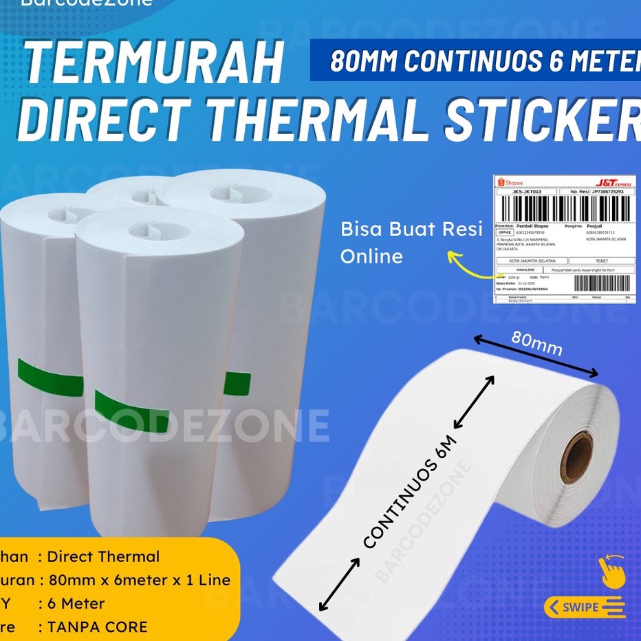 

✹Dijual Murah EEWUL KERTAS LABEL STICKER THERMAL Continuous 80mm x 37mm Core 10mm- 6 Meter G42 ➙Terupdate