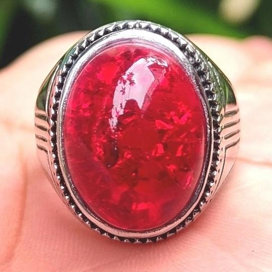 Produk Unggulan] Cincin Titanium Batu Akik Pecah Seribu Merah Siam Siem Top Crystal