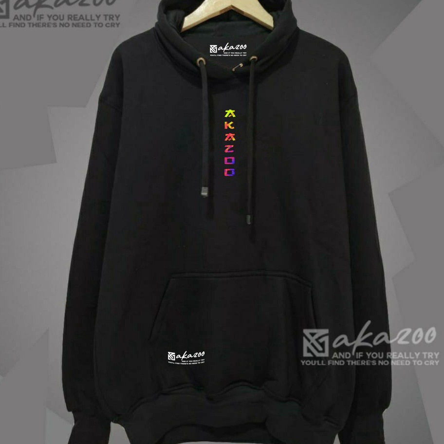 hoddie pria hoodie pria distro AKAZOO warna hitam TEGAK AKAZOO PELANGI sablon putih hudy pria distro