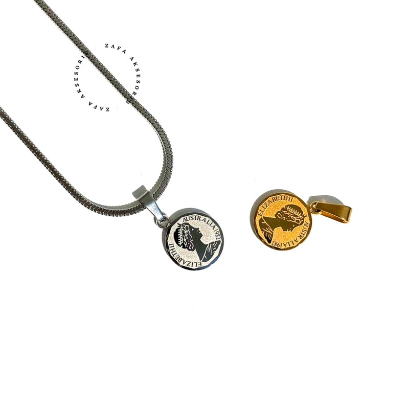 Zafa Liontin Kalung Stainless Steel Anti Karat Model Koin - Queen Elizabeth