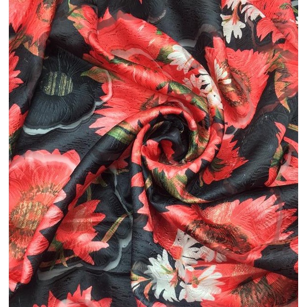 Kain Jacquard Organza Motif Bunga Merah - Hitam (1M) (Alta Moda)