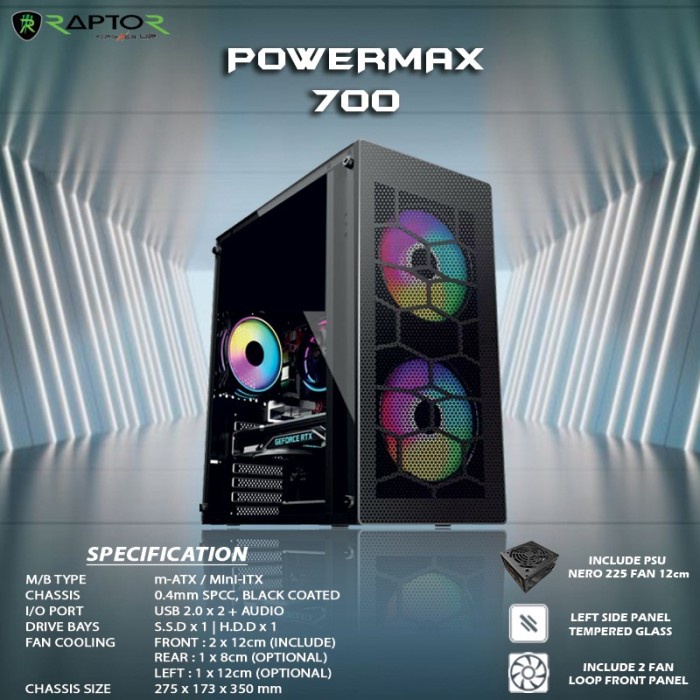 Best Seller Casing Pc Power Up Raptor Powermax 700 With Psu & 2 Fan